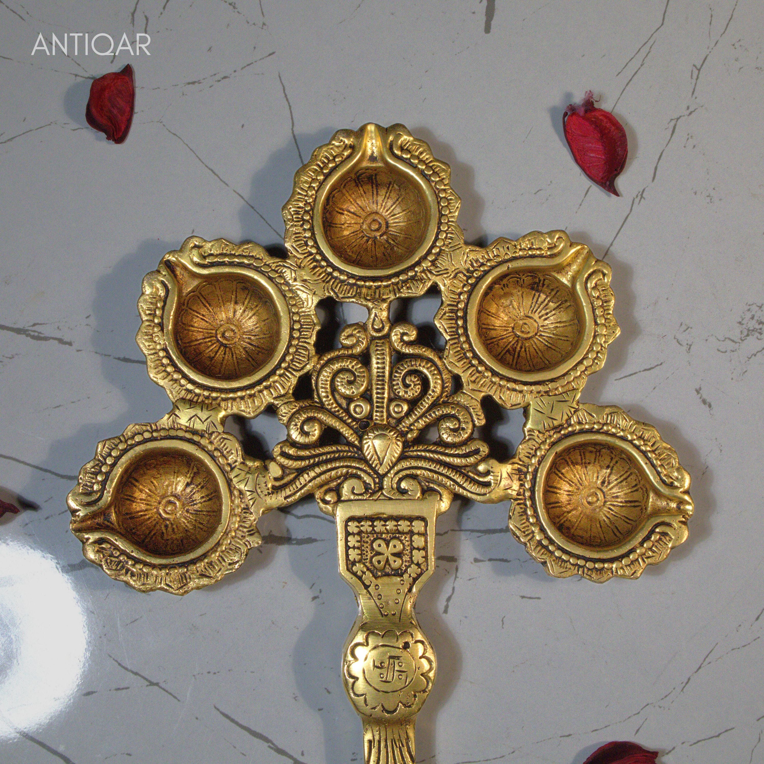 Brass Panch diya Aarti in Vintage Design Handle - 3cm | Antique Golden Finish | Handcrafted for Pooja Temple & Festival Decor