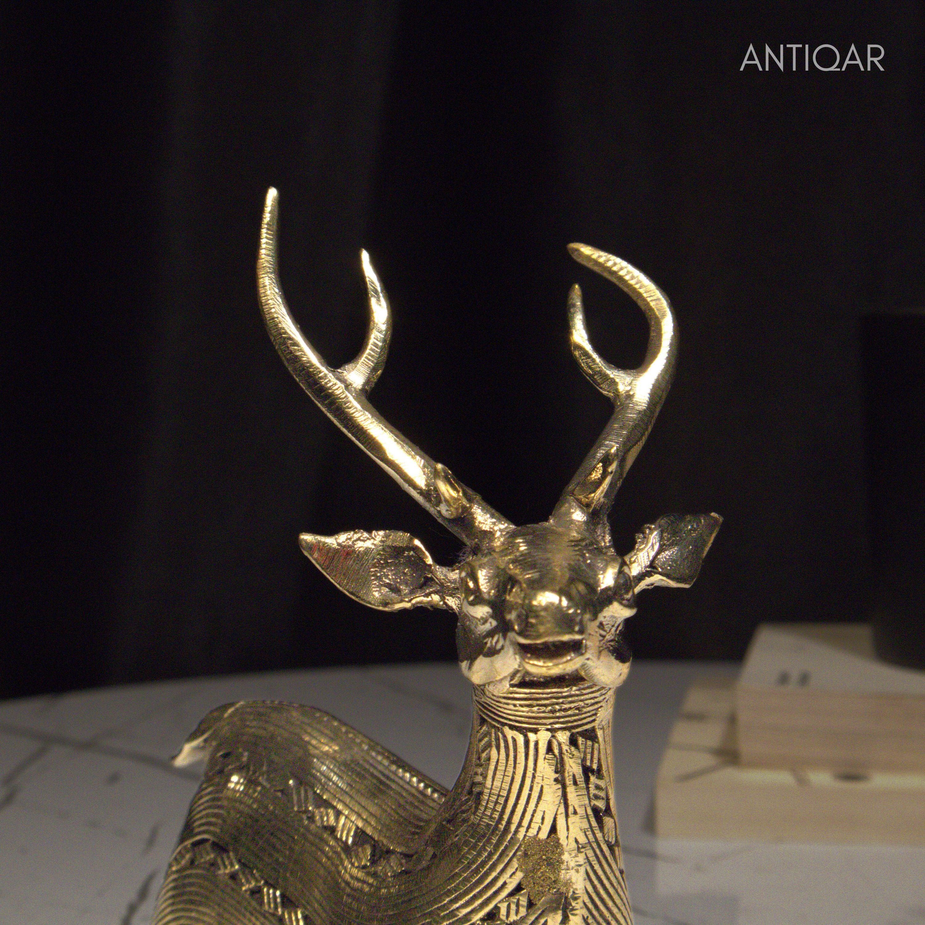 Dhokra Art Brass Deer – 17.5 cm | Sitting Pose in Antique Finish | Tribal Handcrafted Showpiece for Temple, Home & Table Decor
