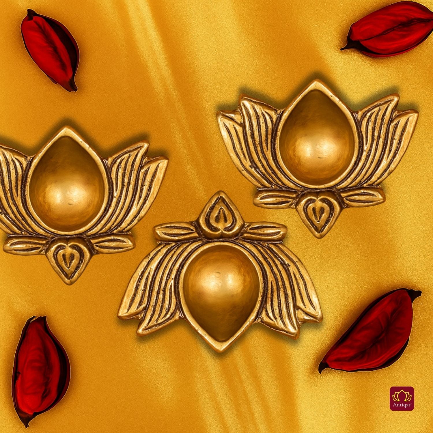 Brass Lotus Diya -2cm | Antique Golden Finish | Handcrafted for Pooja Temple & Festival Decor  (Set of 3)