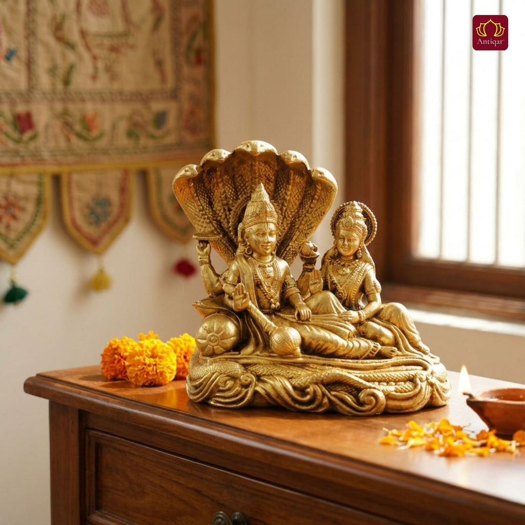 Brass Lakshmi Narayan Idol - 5cm  | Antique Golden Finish | Spiritual Idol for Temple, Home & Car Dashboard Decor