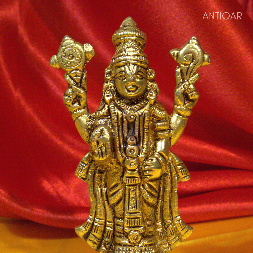 Brass Tirupathi Balaji Idol - 11.5cm | Antique Golden Finish | Handcrafted Idol for Temple, Home & Car Dashboard
