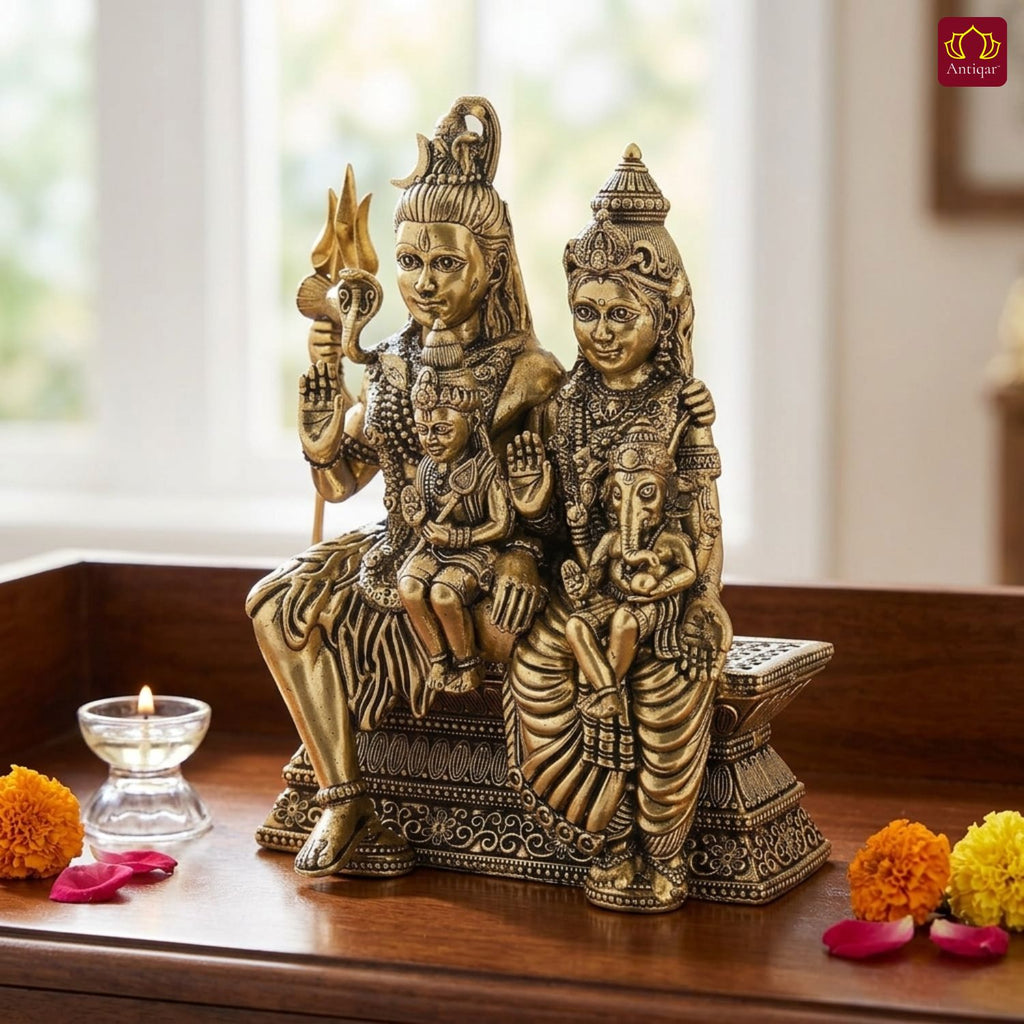Brass Shiv Parivar Idol - 10cm | Antique Finish | Spiritual Idol for Temple & Home Decor