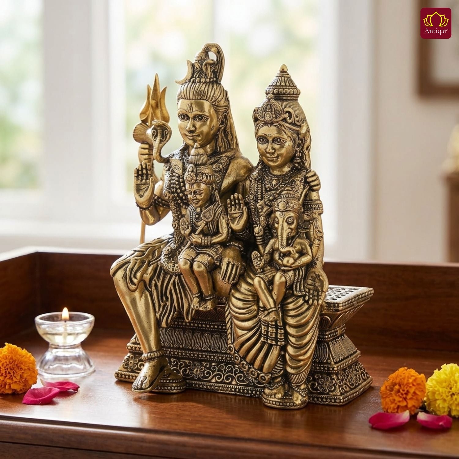 Brass Shiv Parivar Idol - 10cm | Antique Finish | Spiritual Idol for Temple & Home Decor