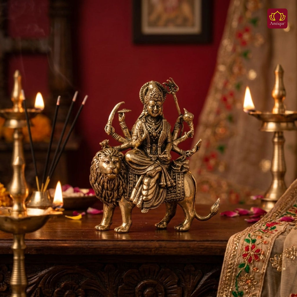 Brass Sherawali Maa Idol - 6cm | Sitting on Lion | Antique Finish | Spiritual Idol for Temple & Home Decor