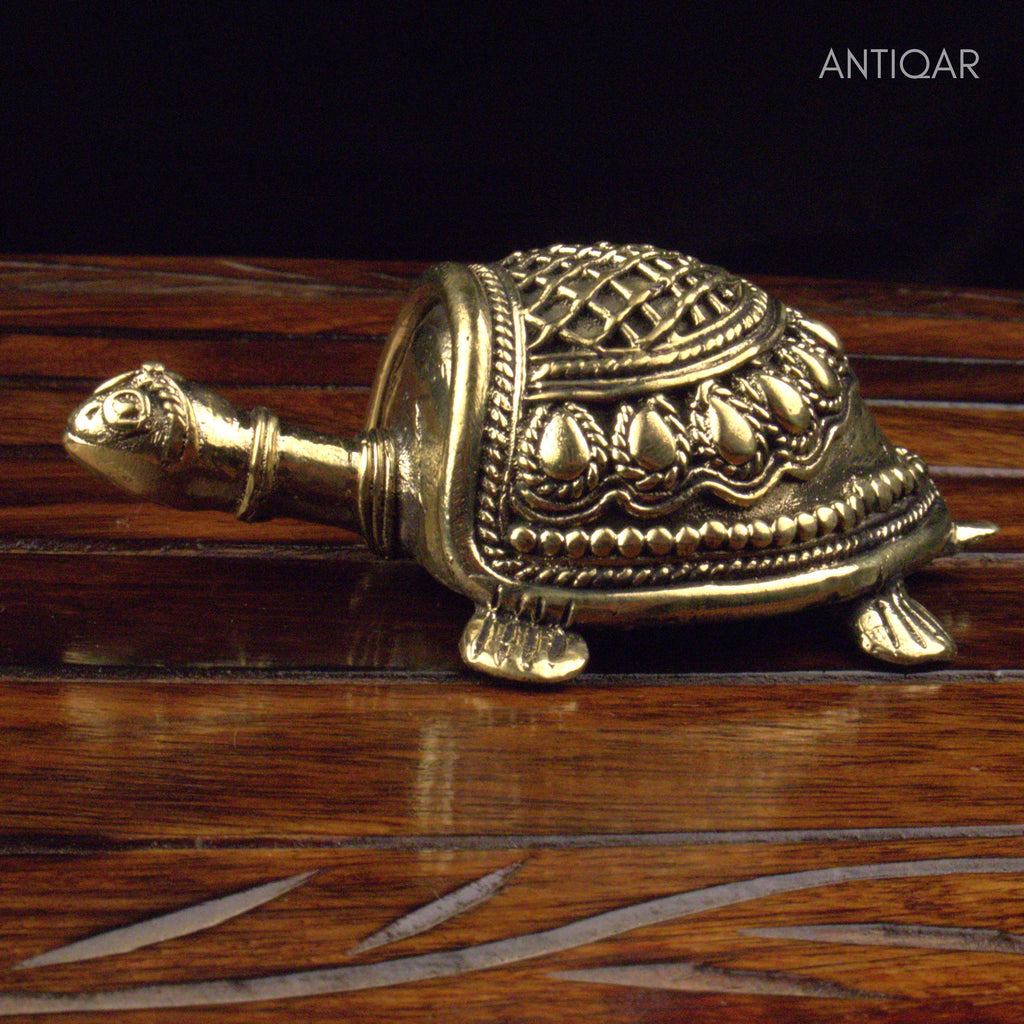 "Dhokra Art Brass Tortoise – 3 cm | Antique Finish Tribal Handcrafted Turtle Showpiece for Temple, Home & Table Decor  "