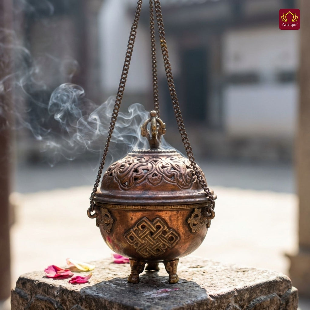 Tibetan Copper Hanging Incense Burner with Chain - 15cm | Antique Brown Finish | Suspended Vessel use for Prayers & Meditation