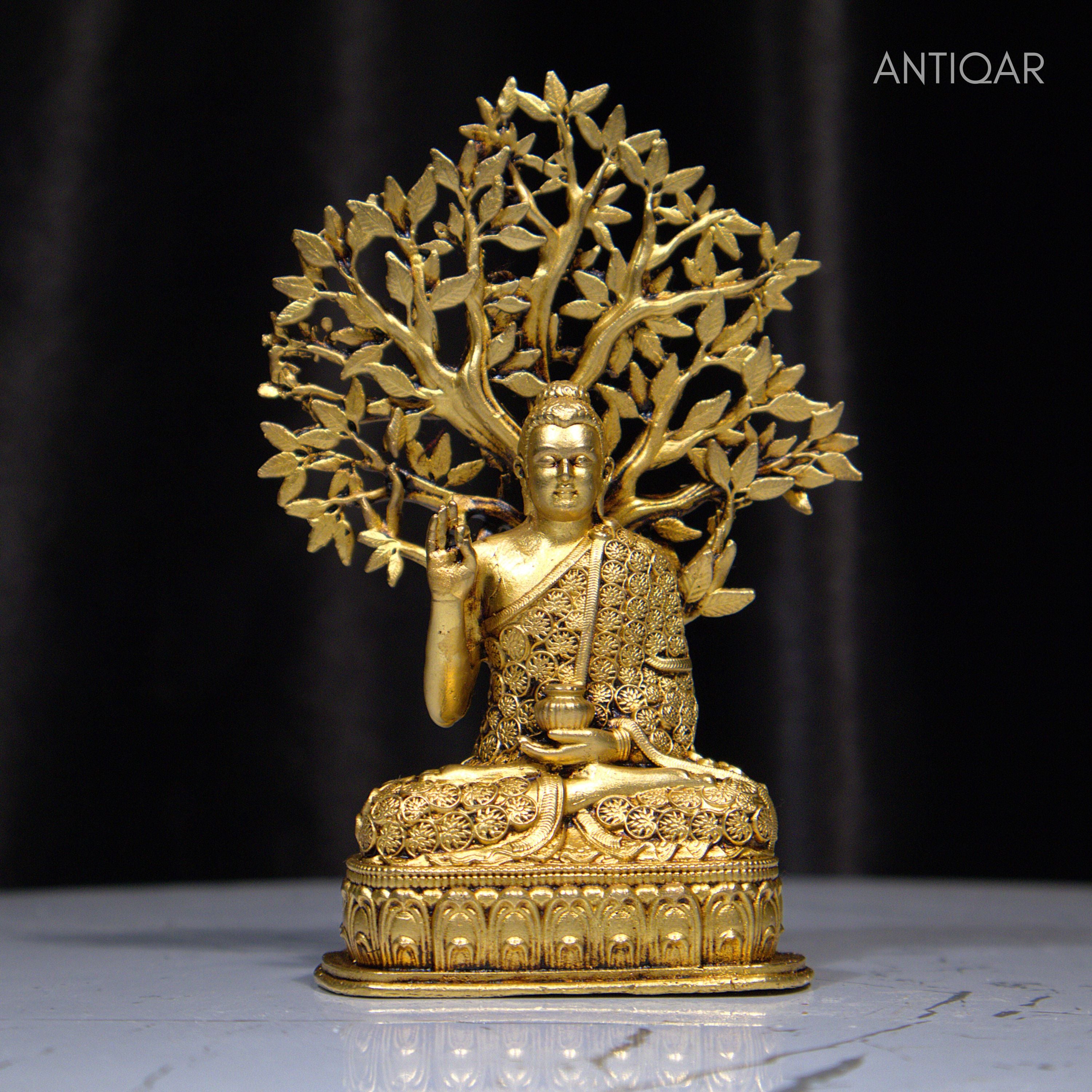 Brass Vintage Buddha Tree Statue – 13cm | Antique Golden Finish | Spiritual Statue for Temple, Home & Car Dashboard Decor
