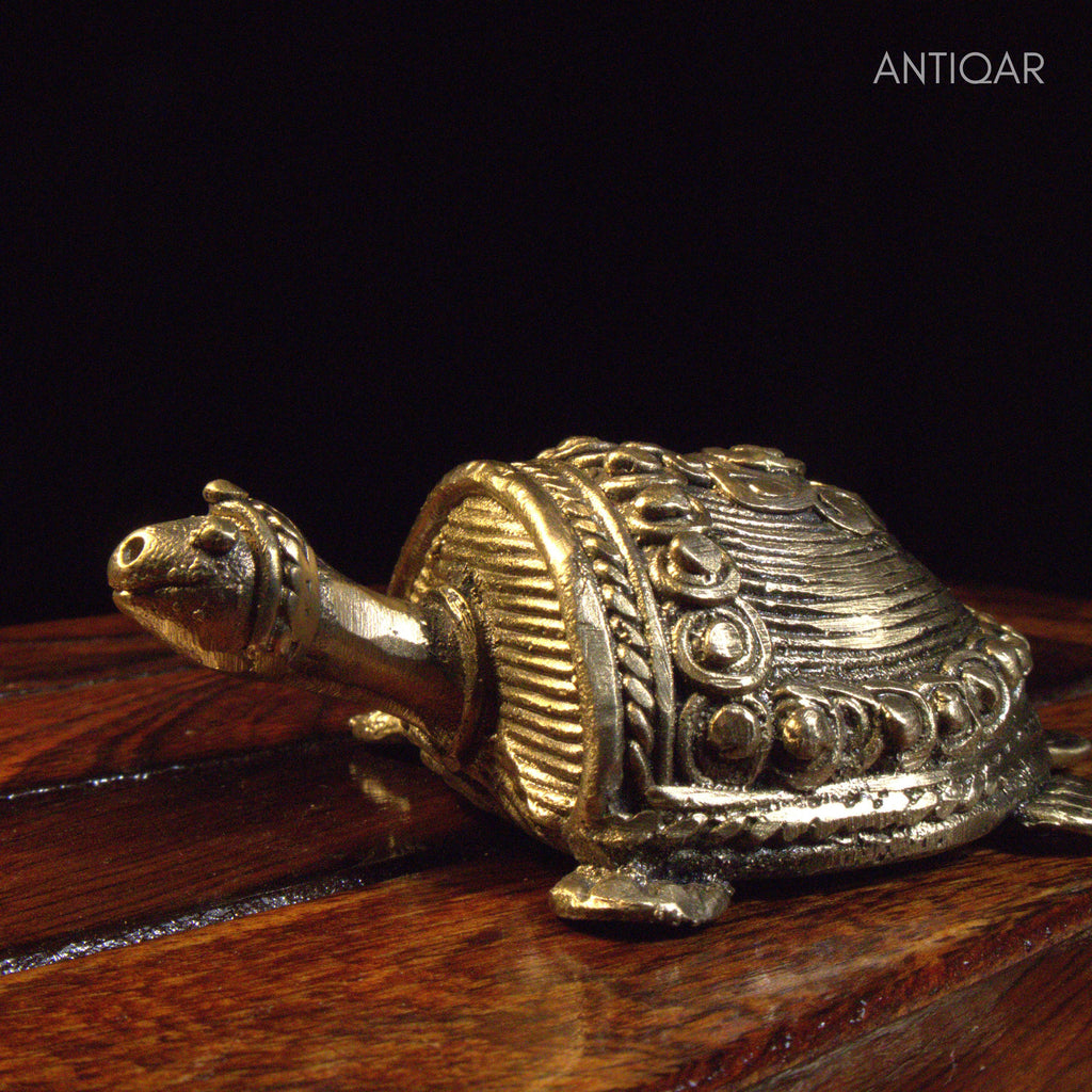 Dhokra Art Brass Turtle – 3 cm | Golden Antique Finish | Tribal Handcrafted Showpiece for Temple, Home & Table Decor
