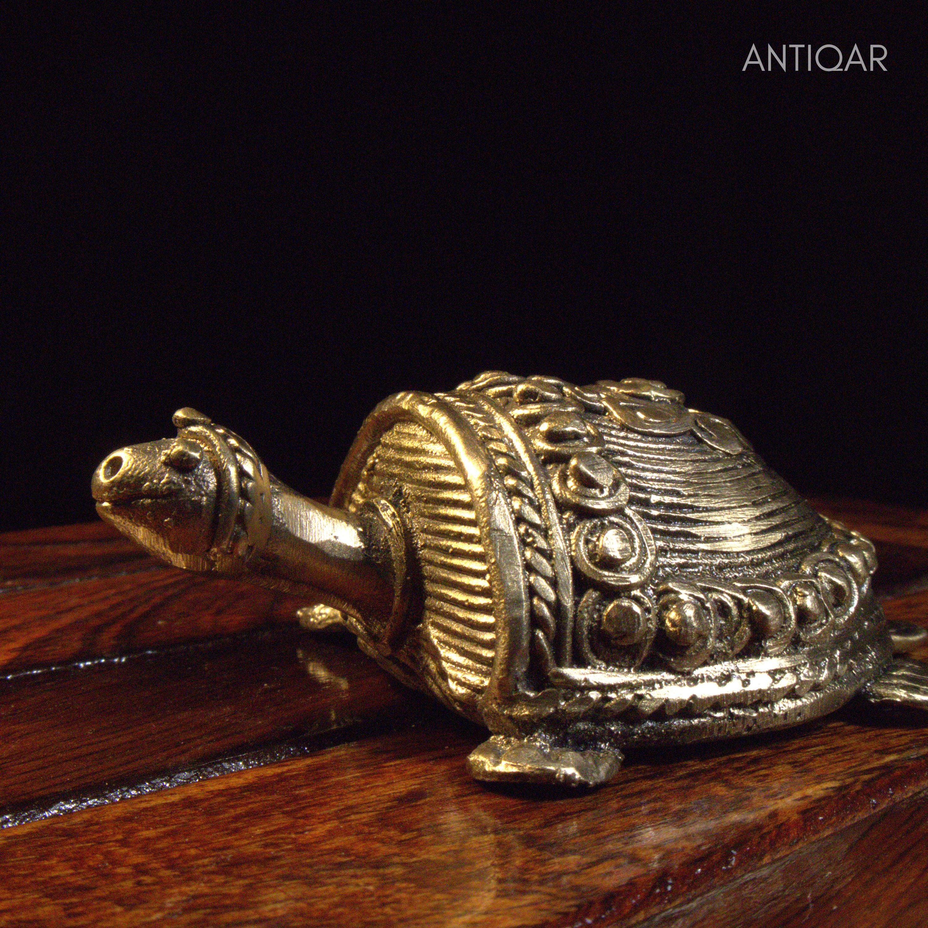 Dhokra Art Brass Turtle – 3 cm | Golden Antique Finish | Tribal Handcrafted Showpiece for Temple, Home & Table Decor