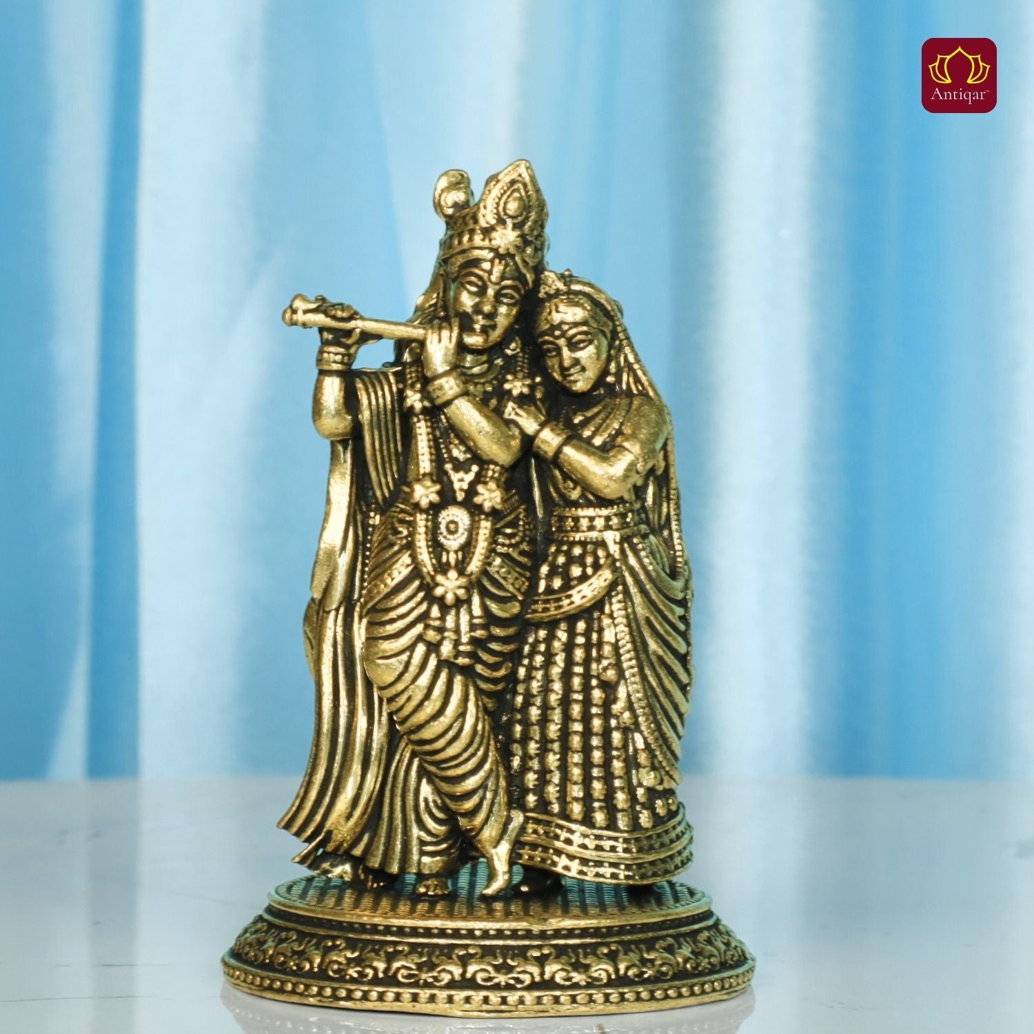 Brass Designer Radhakrishna Idol - 8.5cm | Antique Finish | Spiritual Idol for Temple & Home Decor