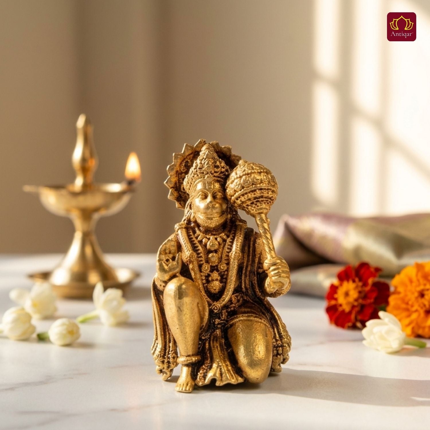 Brass Vintage Base Sitting Hanuman Ji Idol – 5cm | Antique Finish | Spiritual Idol for Temple, Home & Car Dashboard Decor