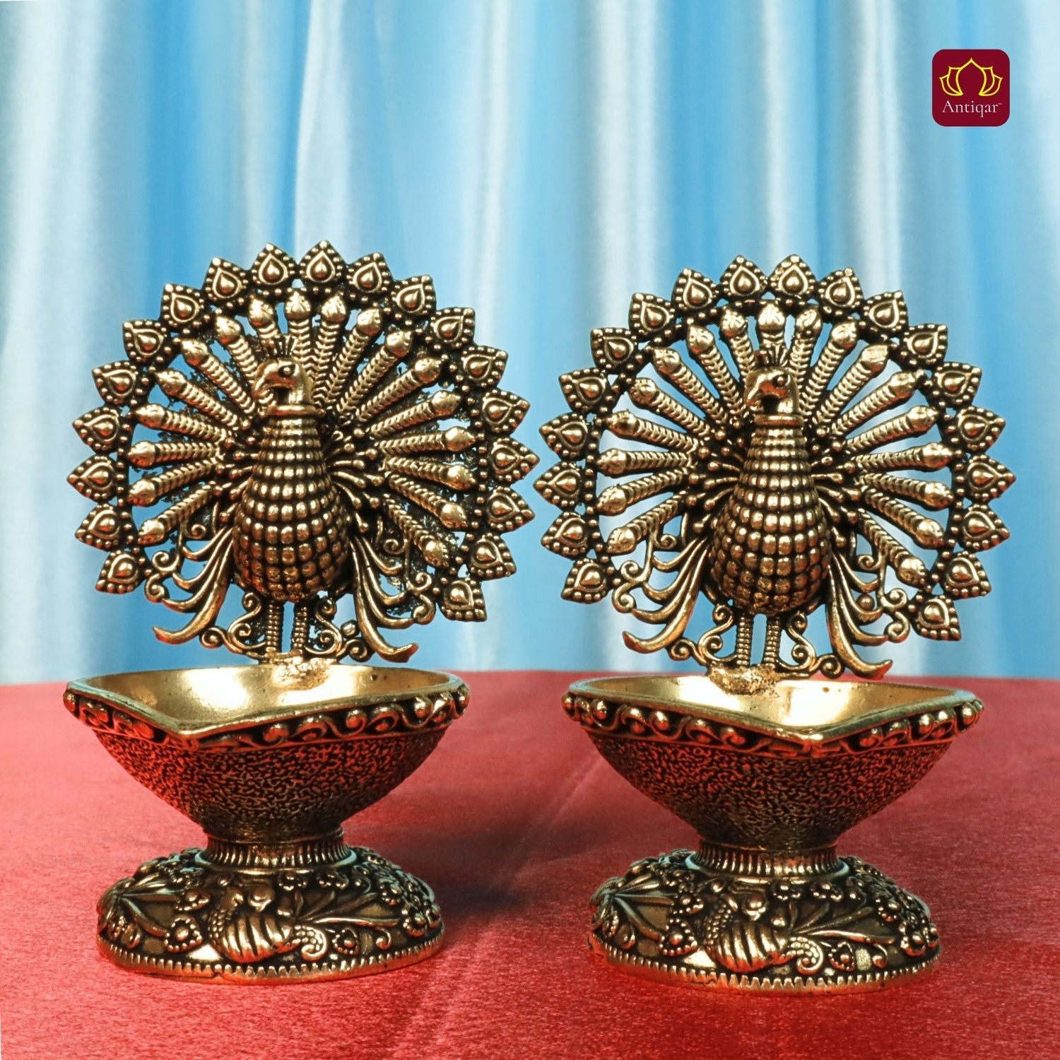 Brass Dancing Peacock on Diya - 7.5cm | Antique Finish | Spritual use for Pooja, Temple & Festival Decor (Pack of 2)
