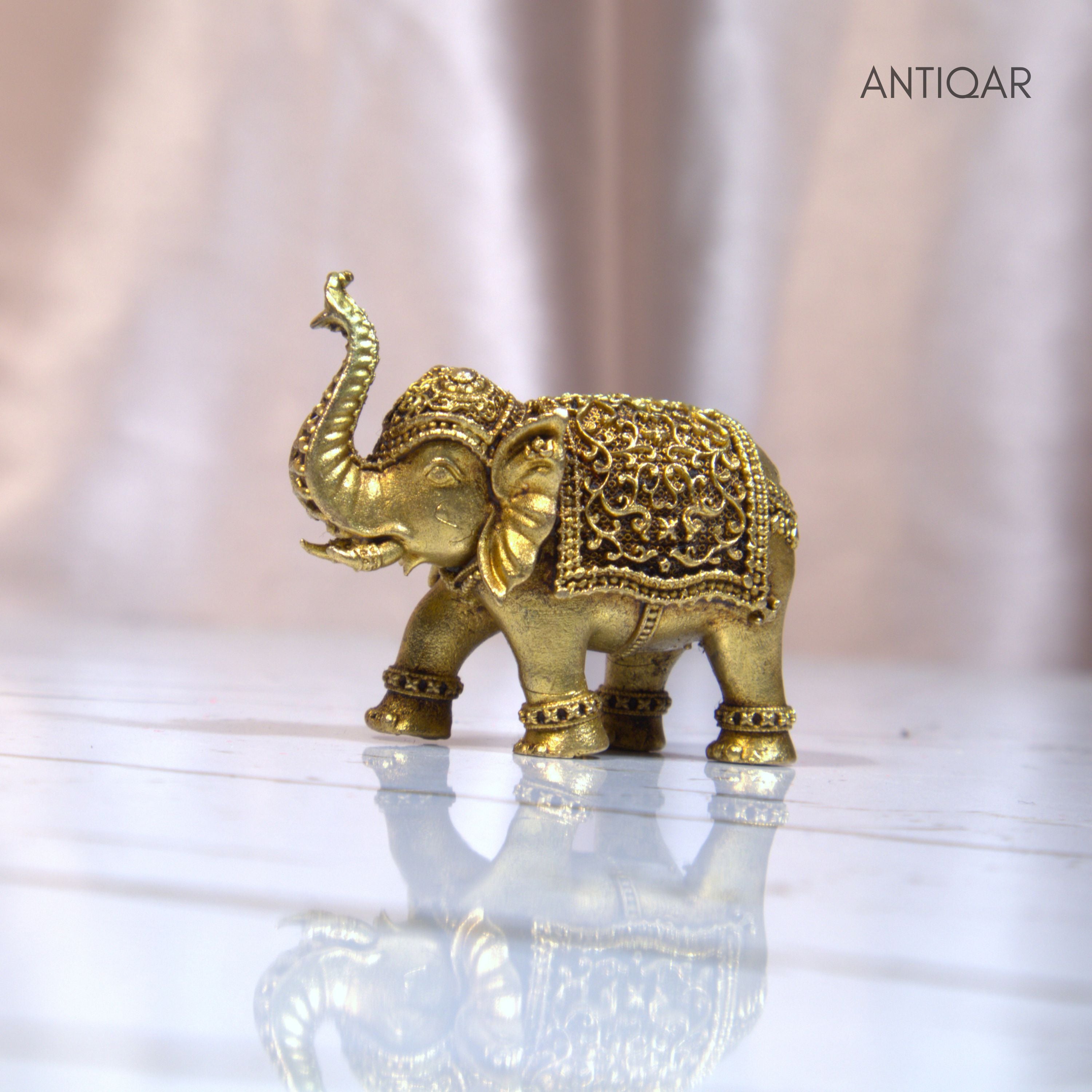 Brass Elephant Showpiece in Vintage Design - 3.5cm | Antique Golden Finish | Decorative Figurines for Temple, Home & Office