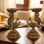 Brass Peacock Diya - 8cm | Antique Finish | Spritual use for Pooja, Temple & Festival Decor (Pack of 2)