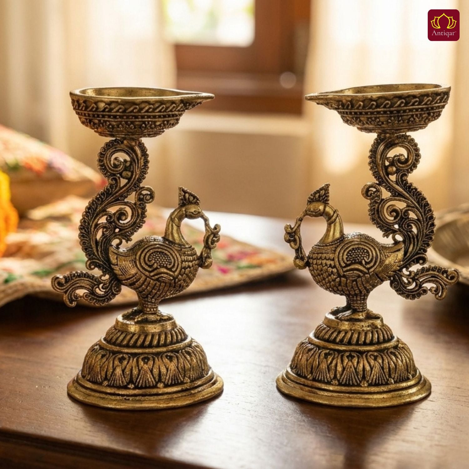 Brass Peacock Diya - 8cm | Antique Finish | Spritual use for Pooja, Temple & Festival Decor (Pack of 2)