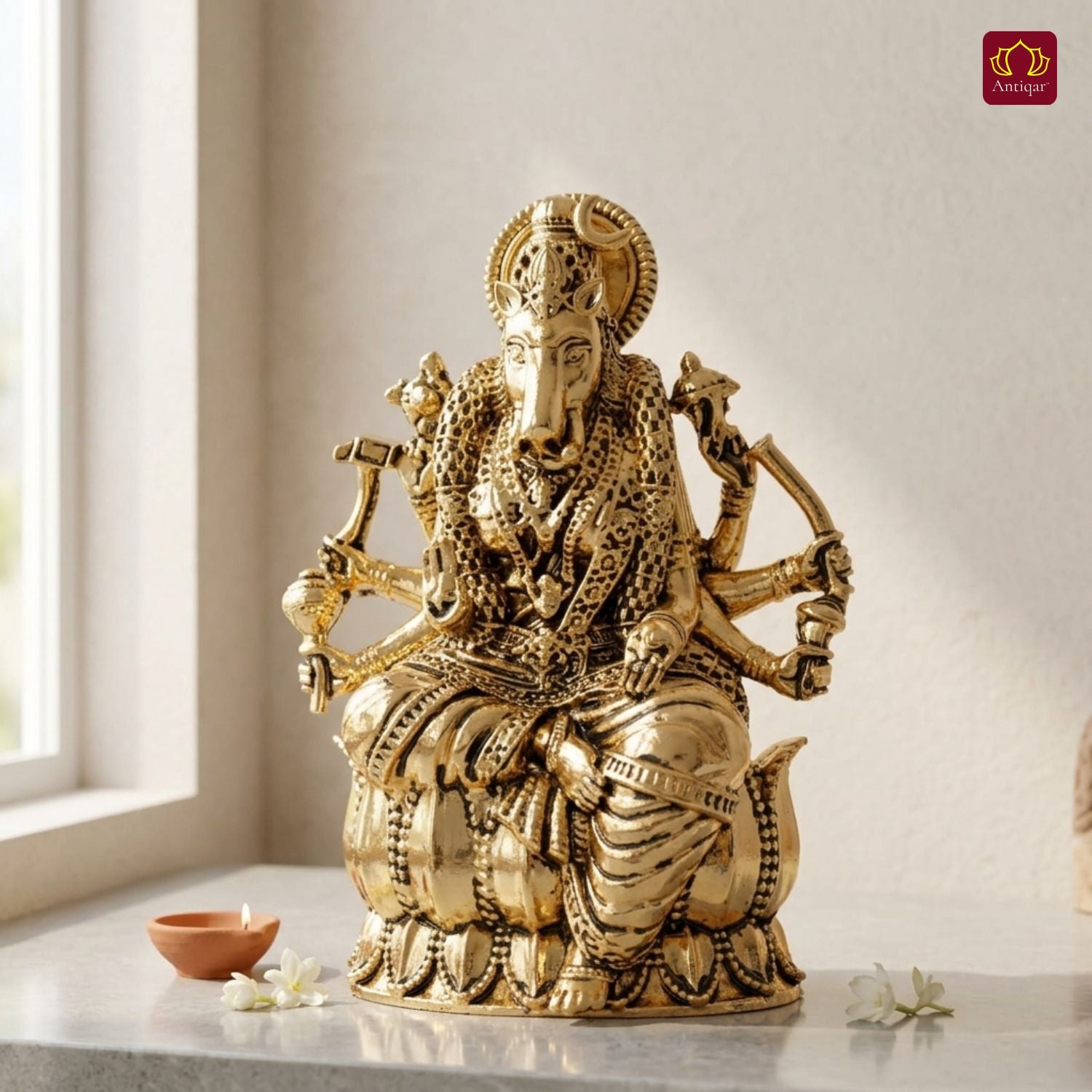 Brass Varahi Mata Idol – 7.5 cm | Golden Finish | Spiritual Idol for Home Temple, Office & Car Dashboard