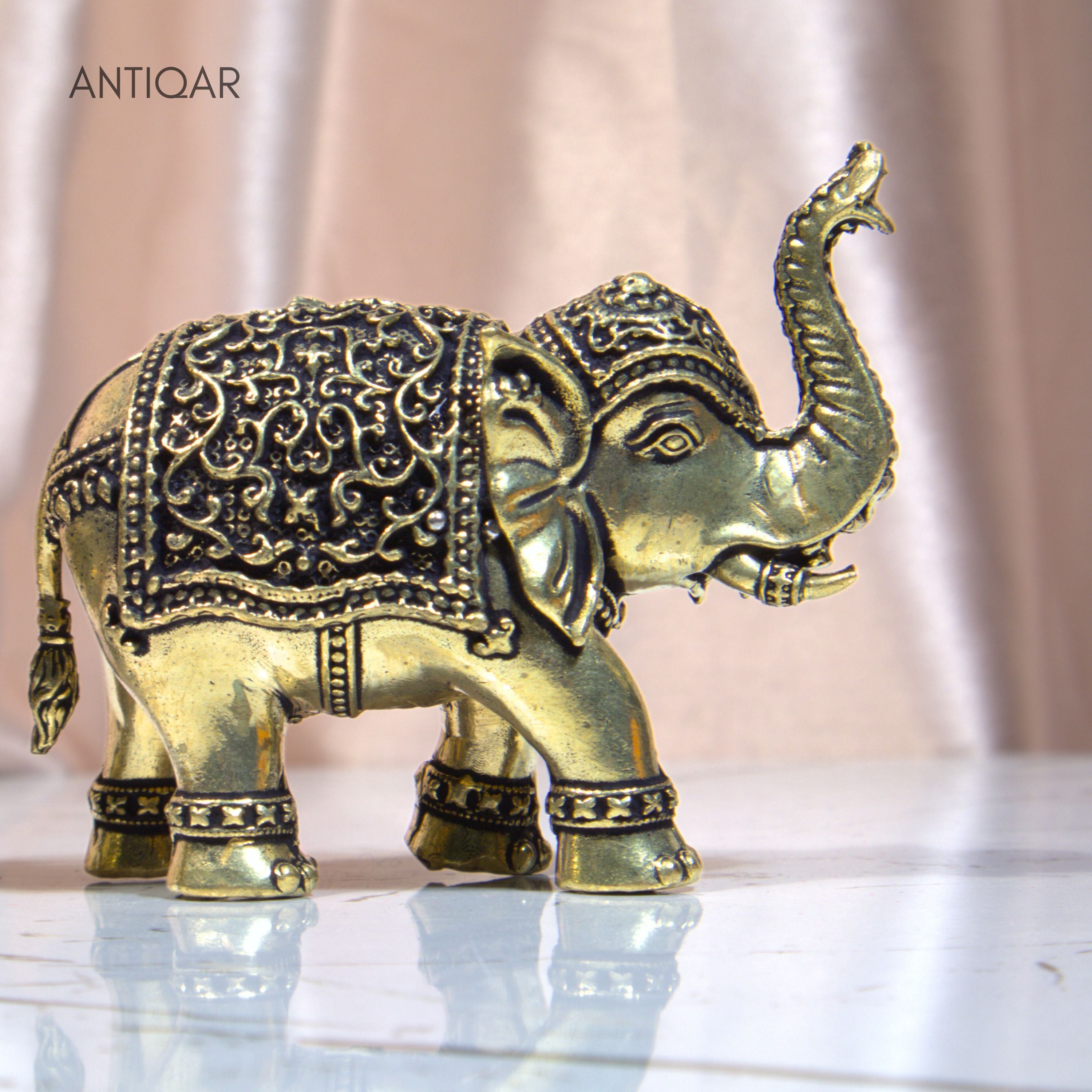 Brass Elephant Pair Showpiece in Vintage Design - 5cm | Antique Golden Finish | Decorative Figurines for Temple, Home & Office (Pack of 2)