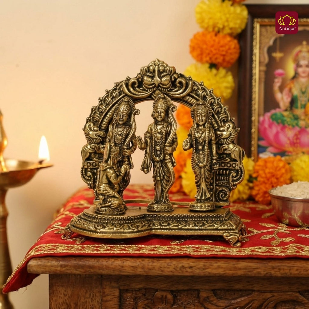 पीतल का राम दरबार - 7.5 सेमी | एंटीक गोल्डन फिनिश | मंदिर और घर की सजावट के लिए आध्यात्मिक मूर्ति