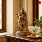 Brass Designer Radhakrishna Idol - 9.5cm | Antique Golden Finish | Spiritual Idol for Temple & Home Decor