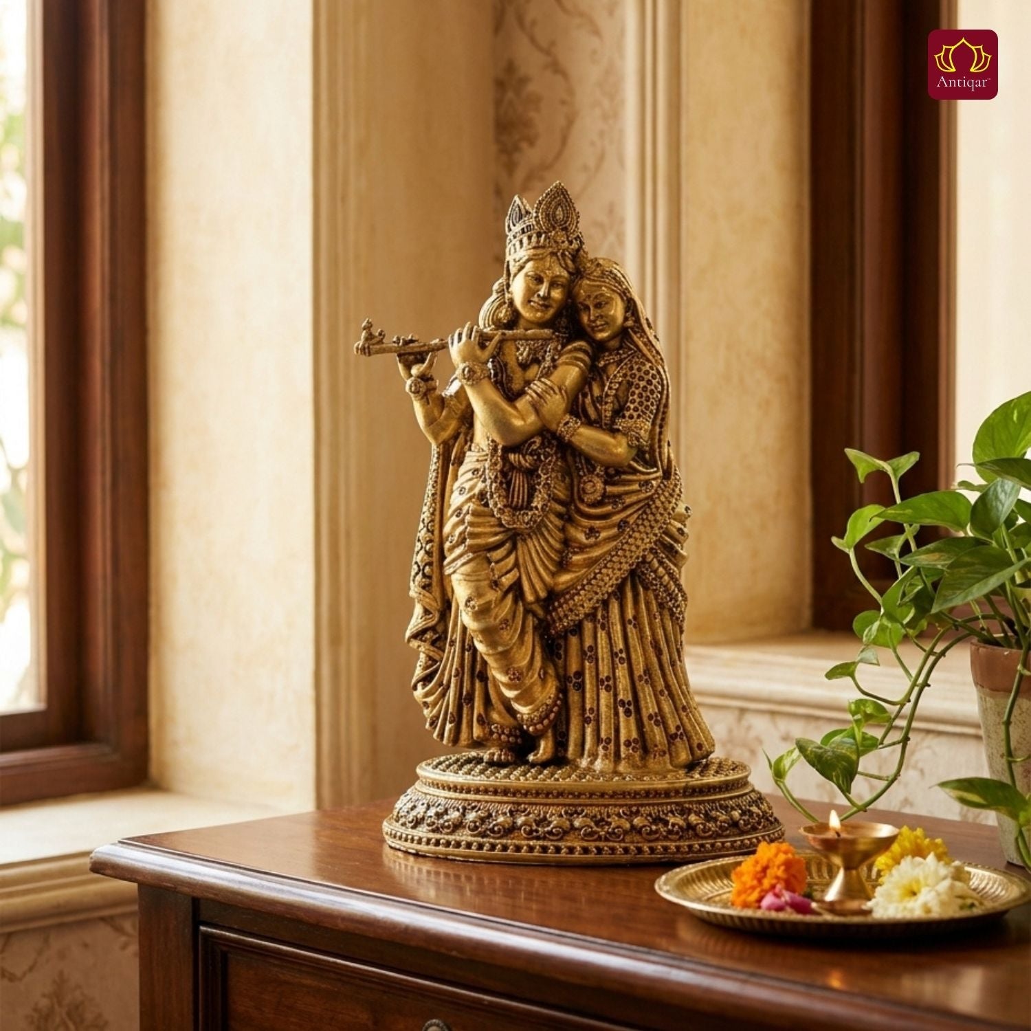 Brass Designer Radhakrishna Idol - 9.5cm | Antique Golden Finish | Spiritual Idol for Temple & Home Decor