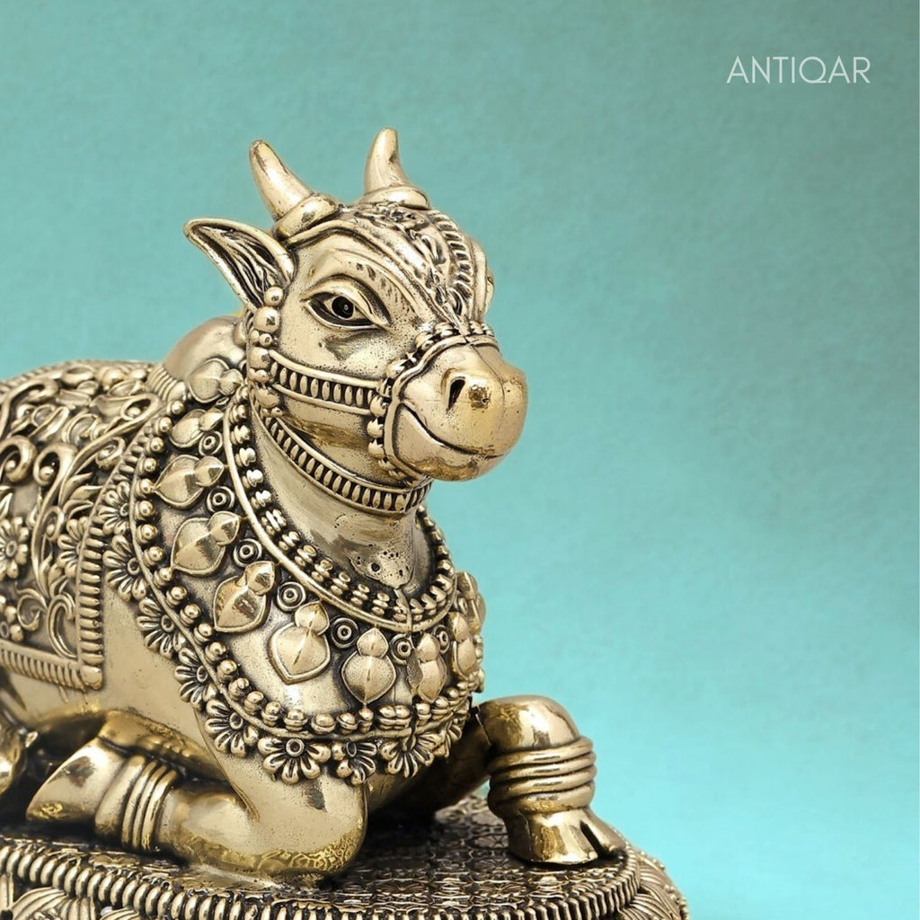 Brass Nandi Figurine with Base - 5cm | Antique Finish | Spritual use for Home, Temple & Car Dashboard Decor