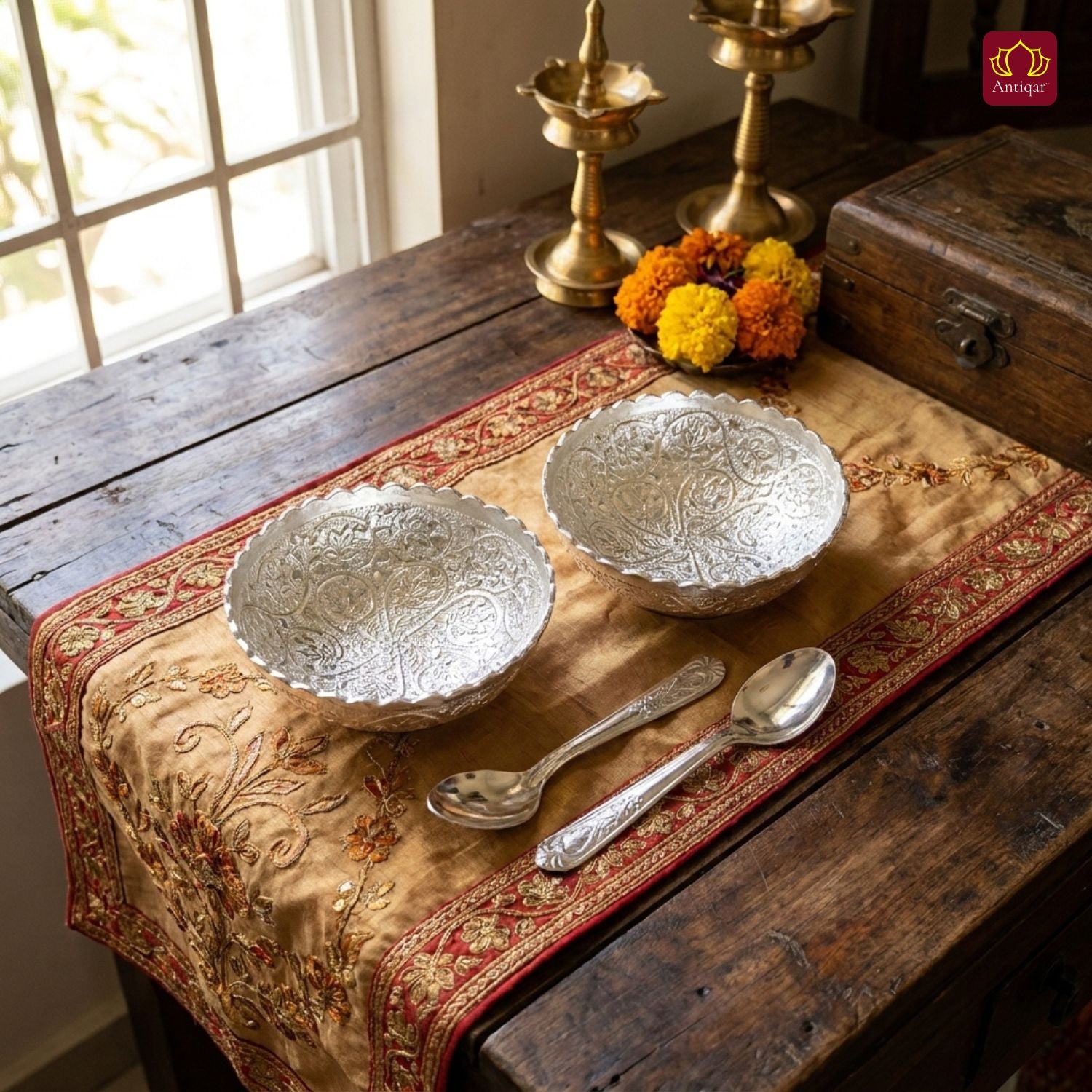 Royal Dry Fruit & Paan Dan Serving Set | Silver Plated | Red Velvet Box | Set of 5 | Handcrafted Artistry | Festive & Decorative Showpiece