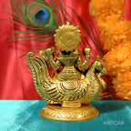 Brass Saraswati Ji Idol – 11 cm | Sitting on Swan with Veena | Antique Golden Finish | Handcrafted for Temple & Home Decor