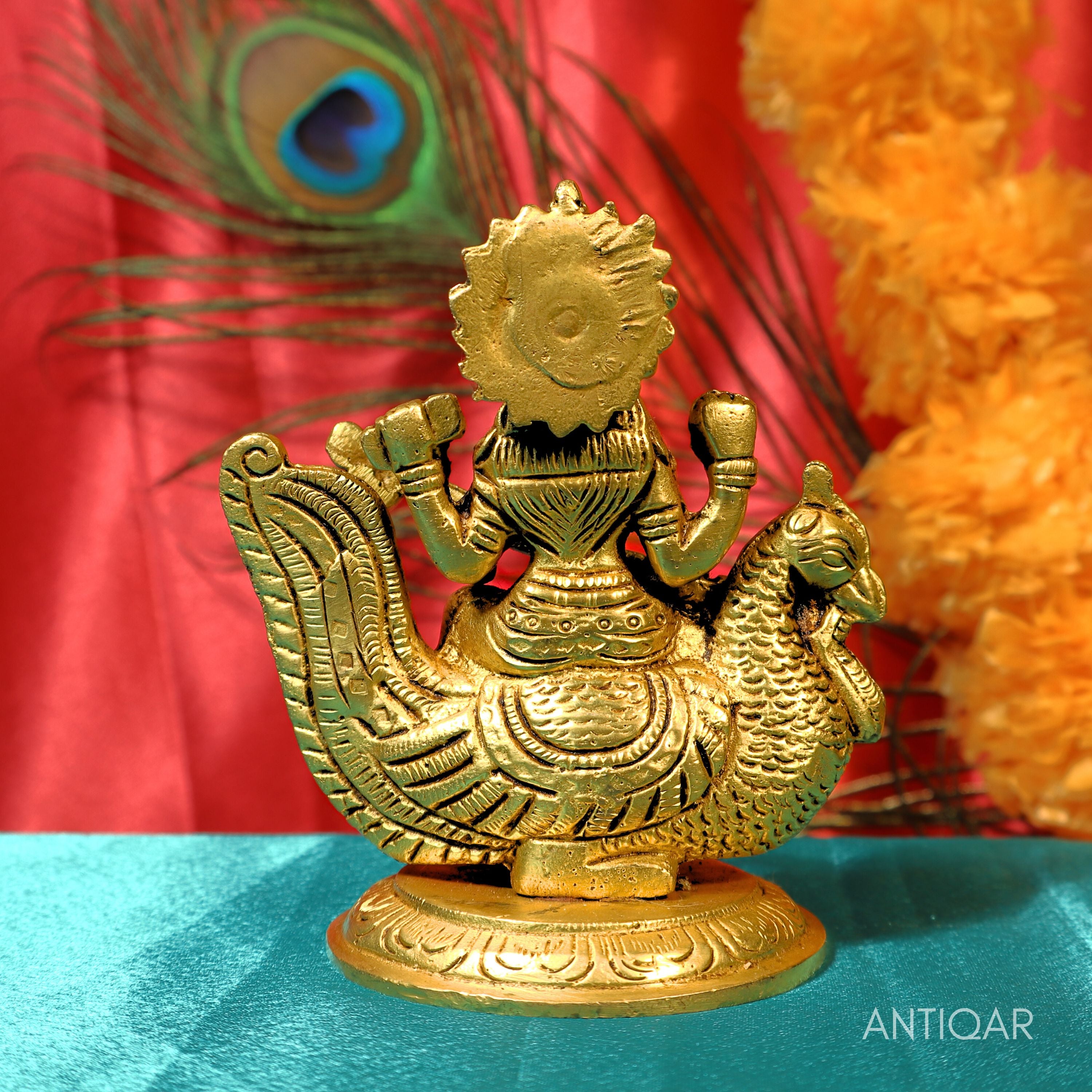 Brass Saraswati Ji Idol – 11 cm | Sitting on Swan with Veena | Antique Golden Finish | Handcrafted for Temple & Home Decor