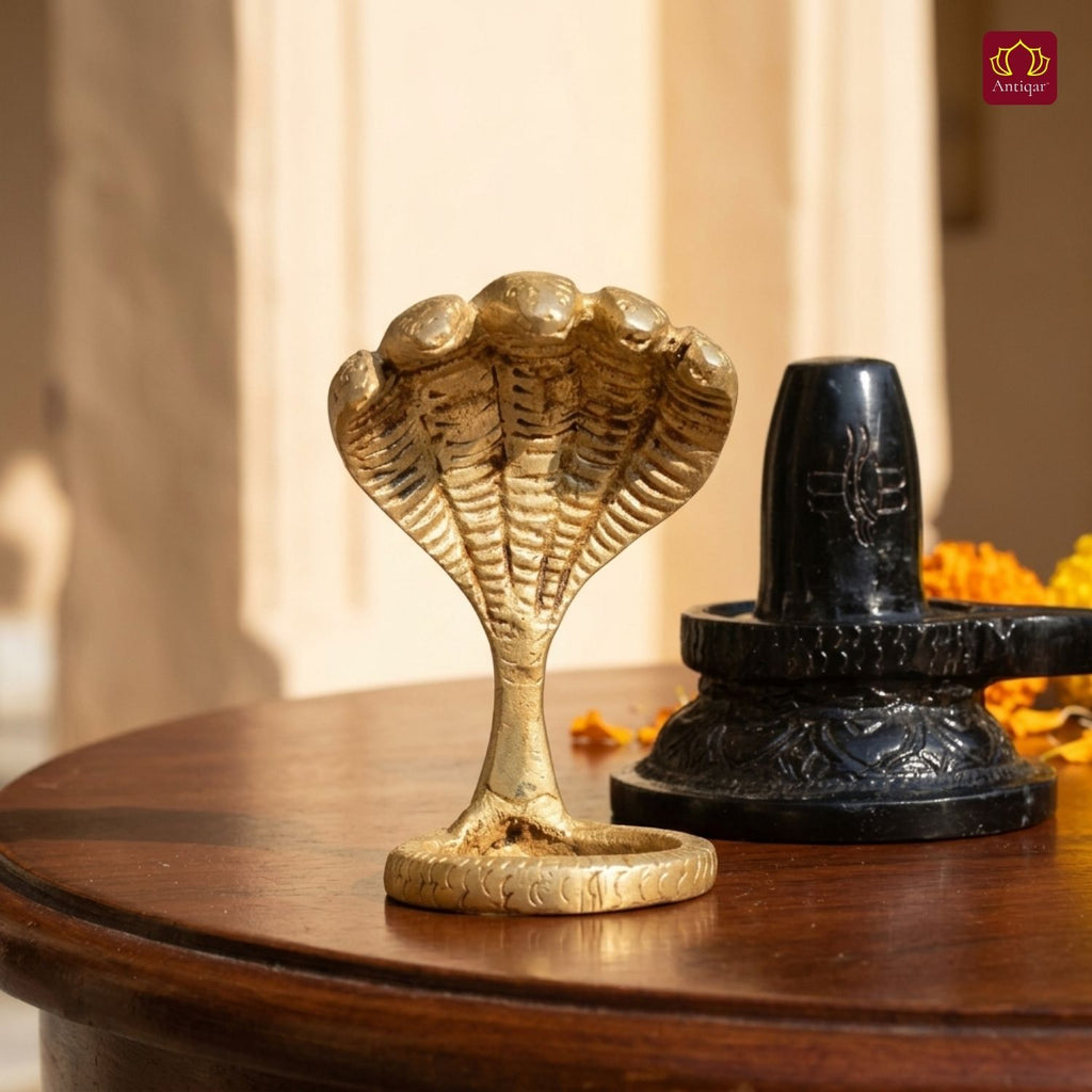 Brass Shivling with Detachable Sheshnaag – 10 cm | Black & Antique Golden Finish | Handcrafted Spiritual Idol for Temple, Home & Car Dashboard Decor