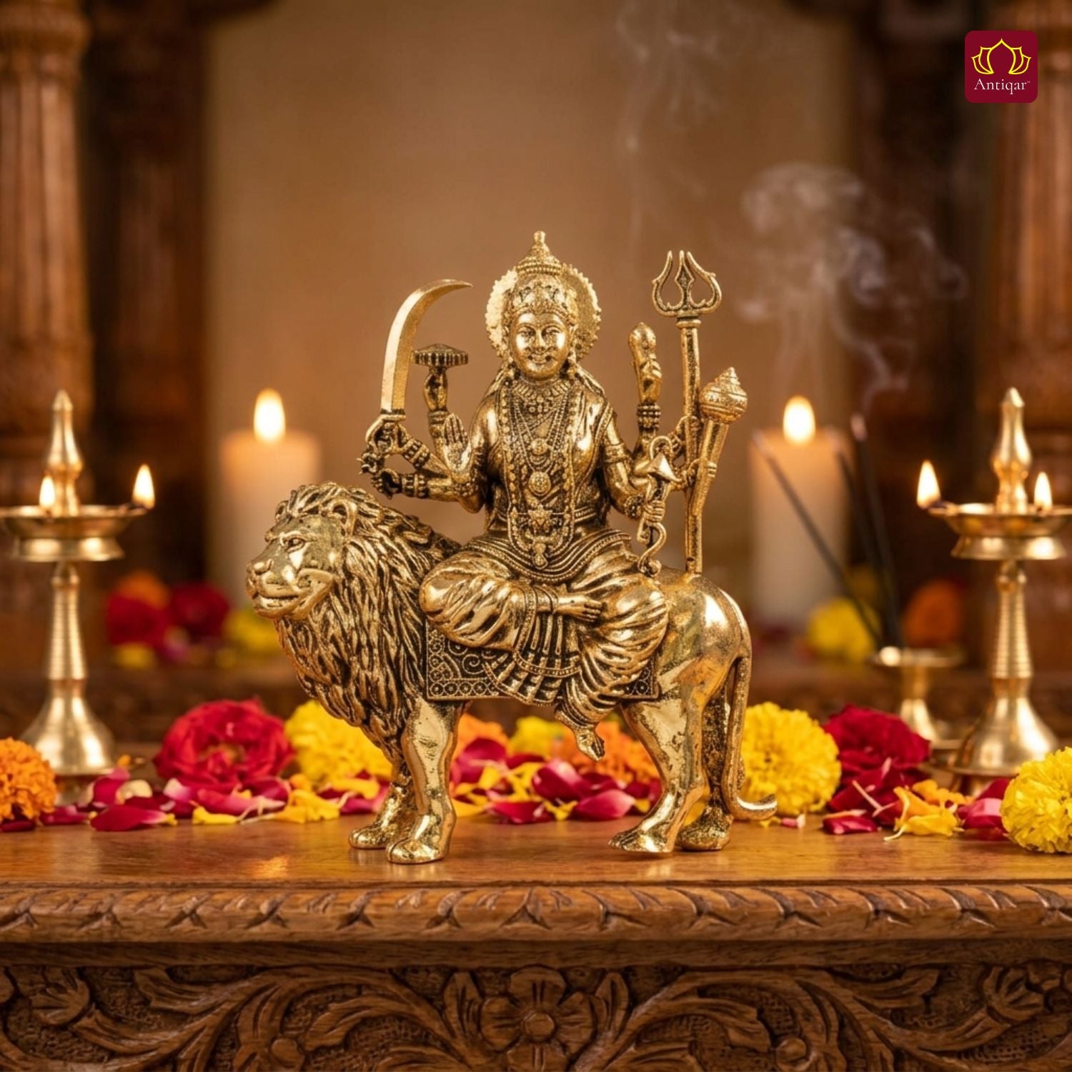 Brass Sherawali Maa Idol - 8cm | Sitting on Lion | Golden Finish | Spiritual Idol for Temple & Home Decor