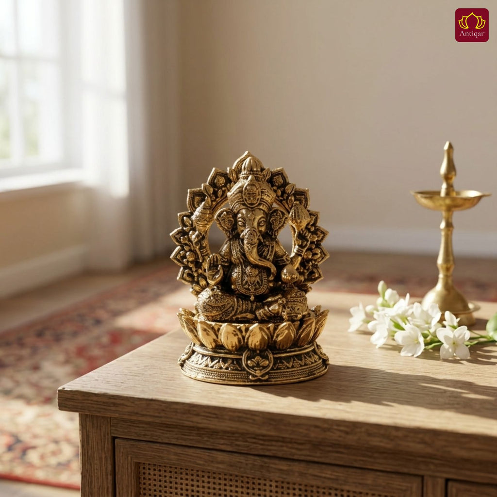 Brass Ganesh JI Idol - 4cm | Golden Finish | Spiritual Decor for Temple, Home & Car Dashboard