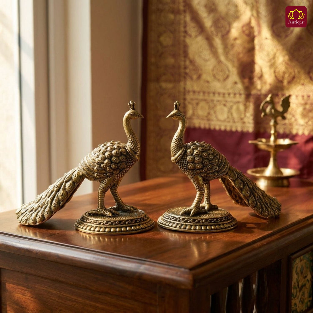 Brass Peacock Showpiece – 8 cm | Antique Finish | Handcrafted Decor for Temple, Table & Home (Pack of 2)