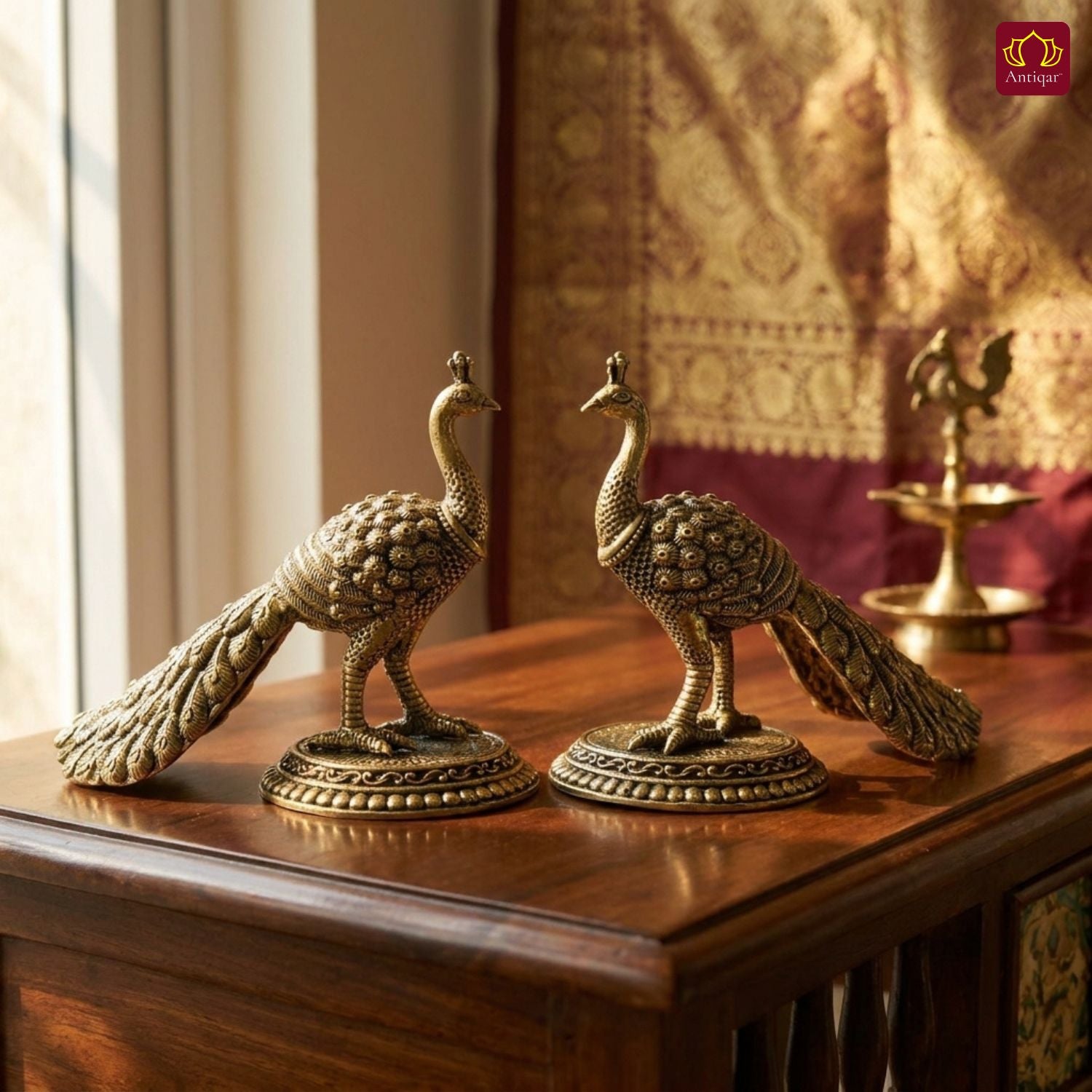 Brass Peacock Showpiece – 8 cm | Antique Finish | Handcrafted Decor for Temple, Table & Home (Pack of 2)