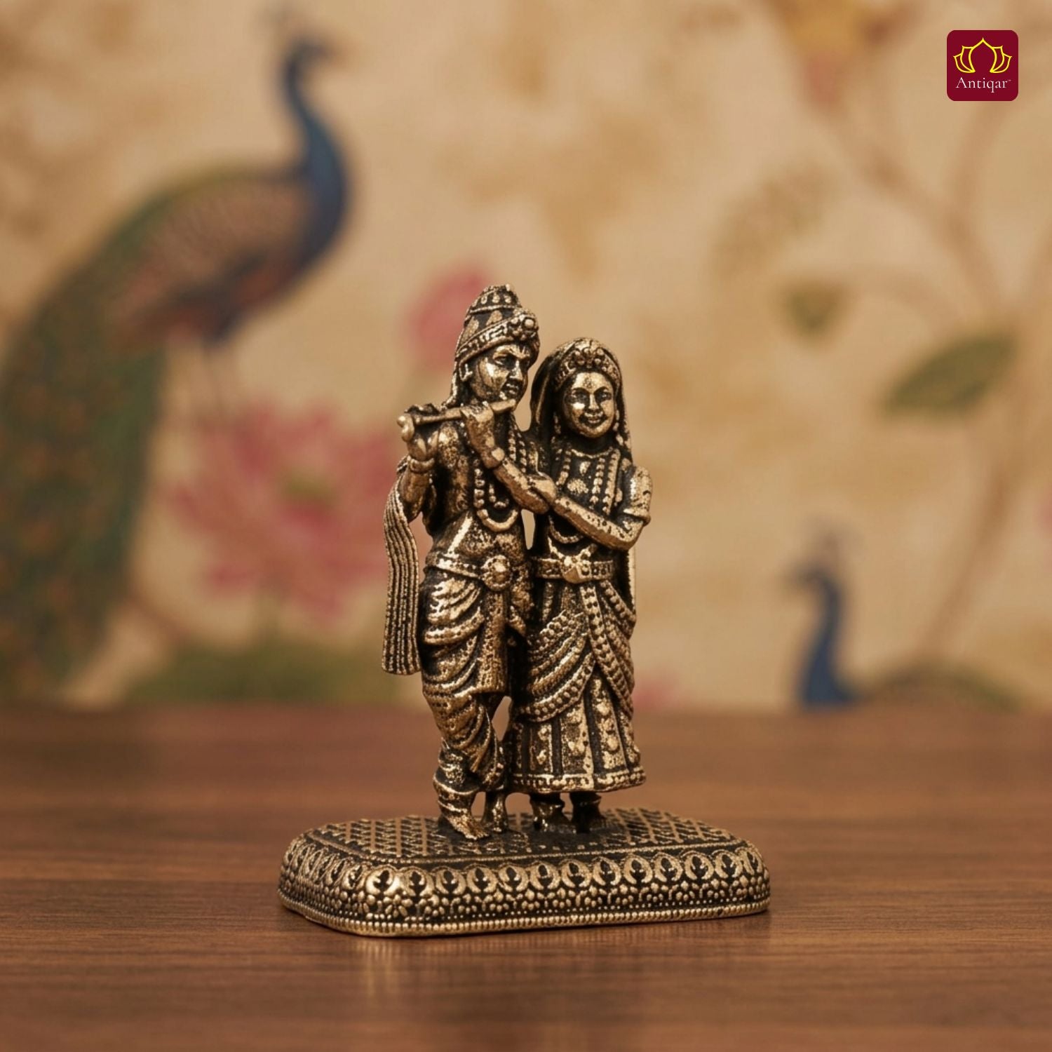 Brass Miniature RadhaKrishna Idol -4cm | Golden Finish | Spritual use for Home, Temple & Car Dashboard Decor