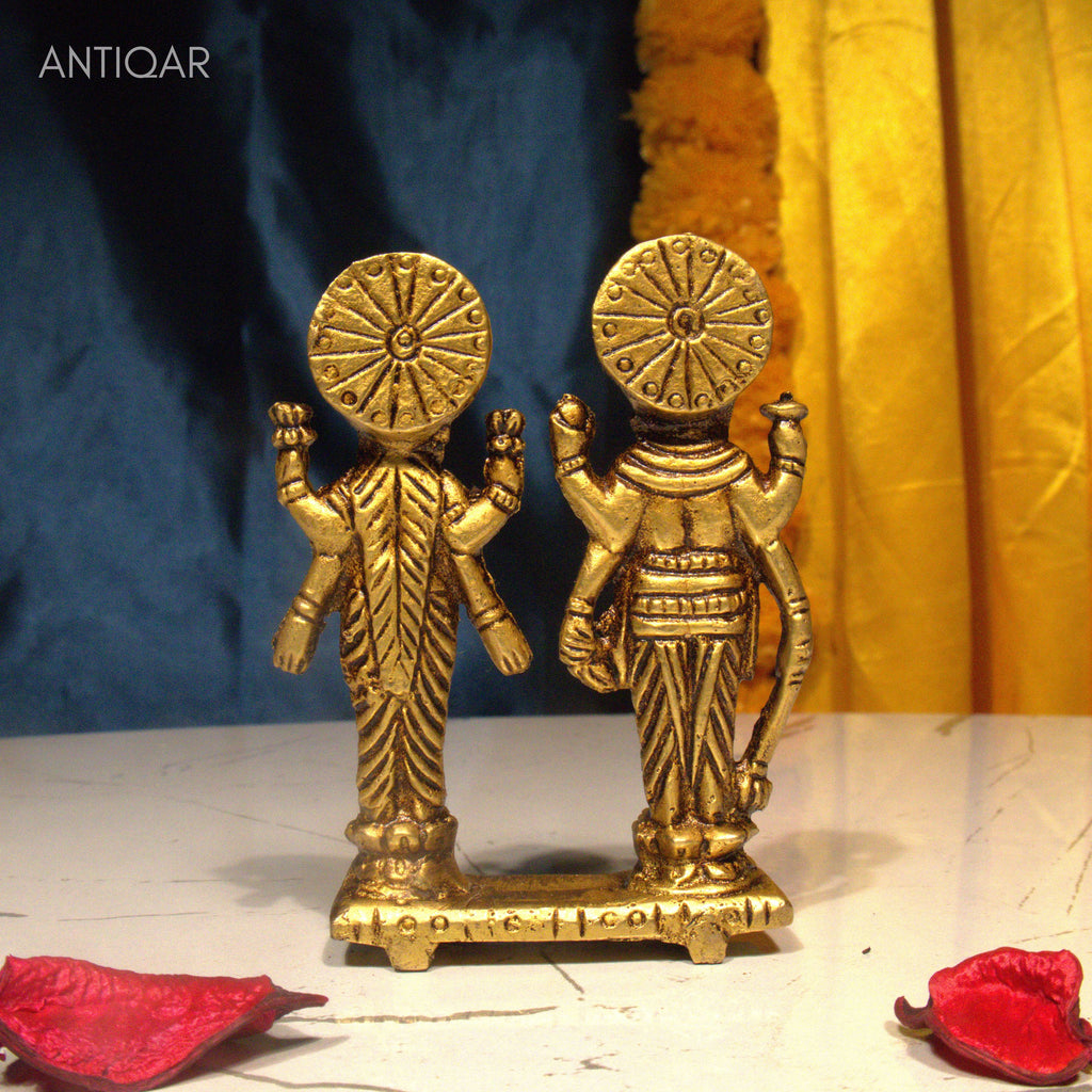 Brass Laxmi Narayan pair Idol - 8cm | Standing on Lotus | Antique Finish | Spiritual Idol for Temple & Home Decor