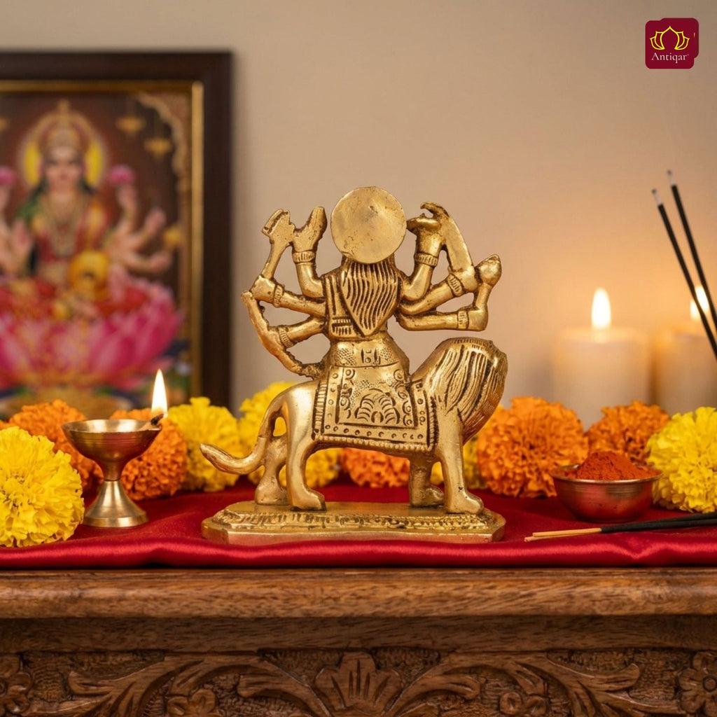 Brass Sherawali Mata Idol - 11 cm | Sitting on Lion | Antique Golden Finish | Handcrafted Idol for Temple, Home & Car Dashboard