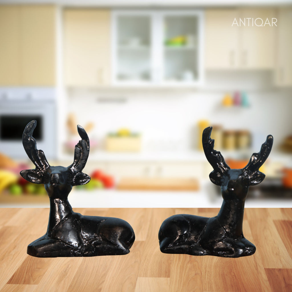 Brass Black Deer Pair Showpiece – 6 cm | Handcrafted Decorative Figurines for Temple, Home & Car Dashboard