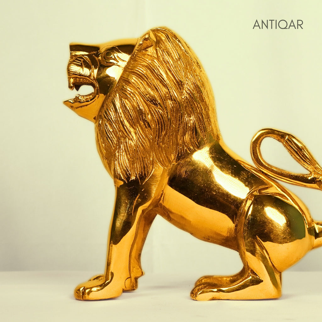 Antiqar Lion Pure Brass Figurine | Handicraft Artwork | Superfine Golden Finish | Home & Office Décor | Ideal for Gifting | Height 15cm