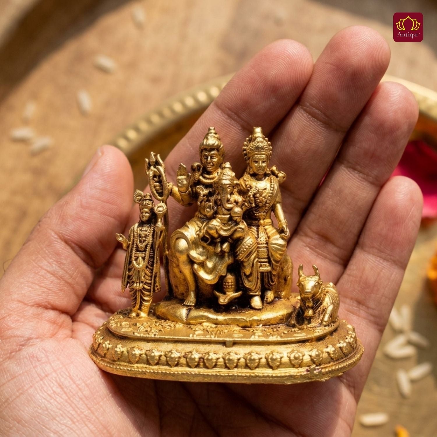 Brass Shiv Parivar Idol - 5cm | Antique Golden Finish | Spiritual Idol for Temple & Home Decor