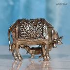 Brass Cow & Calf Figurine -4cm | Antique Finish | Spritual use for Home, Temple & Dashboard Decor