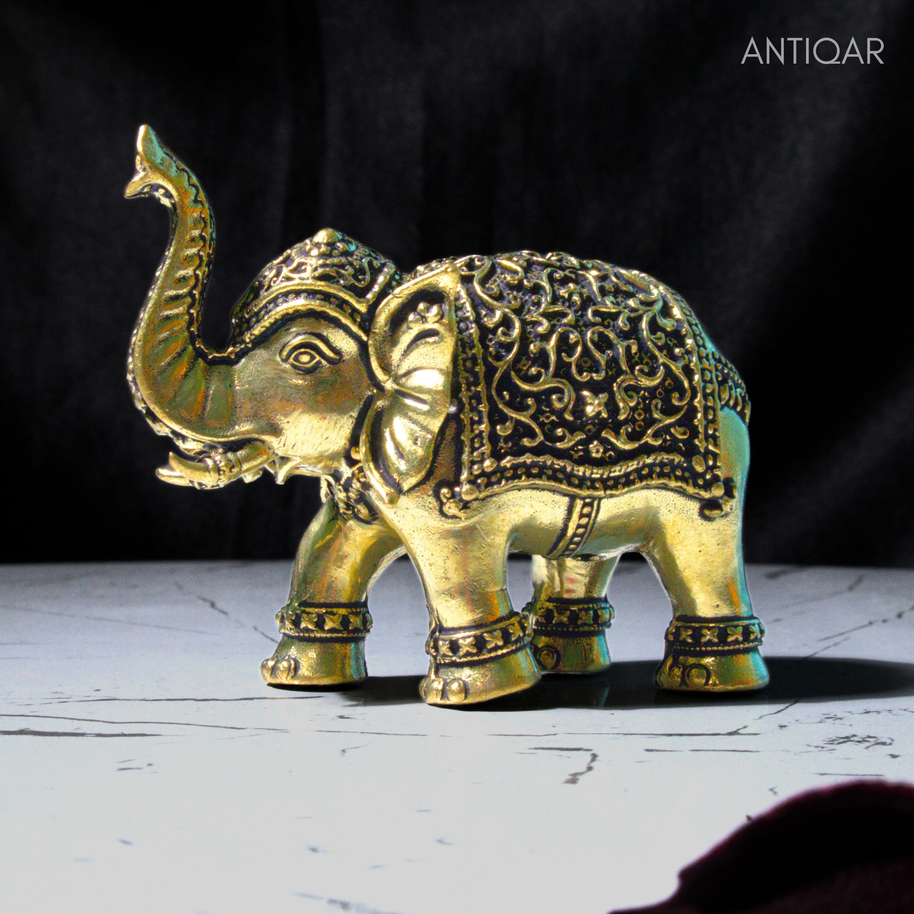 Brass Elephant Showpiece in Vintage Design - 8cm | Antique Golden Finish | Decorative Figurines for Temple, Home & Office