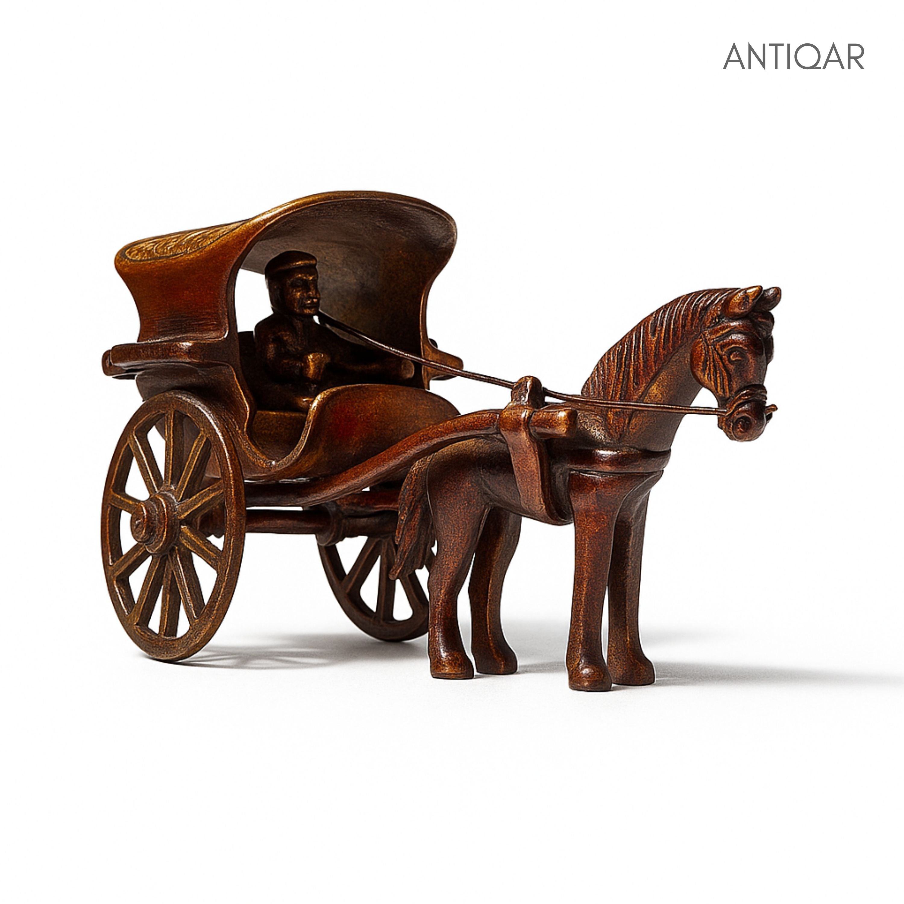 Brass Horse Cart Showpiece – 7.5 cm | Single Horse with Carved Roof | Antique Brown Colored Finish | Handcrafted Decor for Festival, Temple & Home