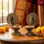 Brass Dancing Peacock on Diya - 7.5cm | Antique Finish | Spritual use for Pooja, Temple & Festival Decor (Pack of 2)