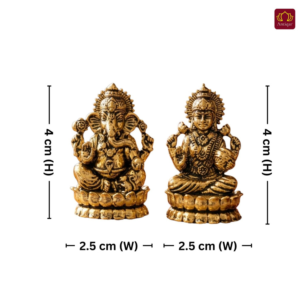 Brass Ganesh Laxmi Pair Idol -4 cm | Golden Finish | Spiritual Idol for Temple & Home Decor
