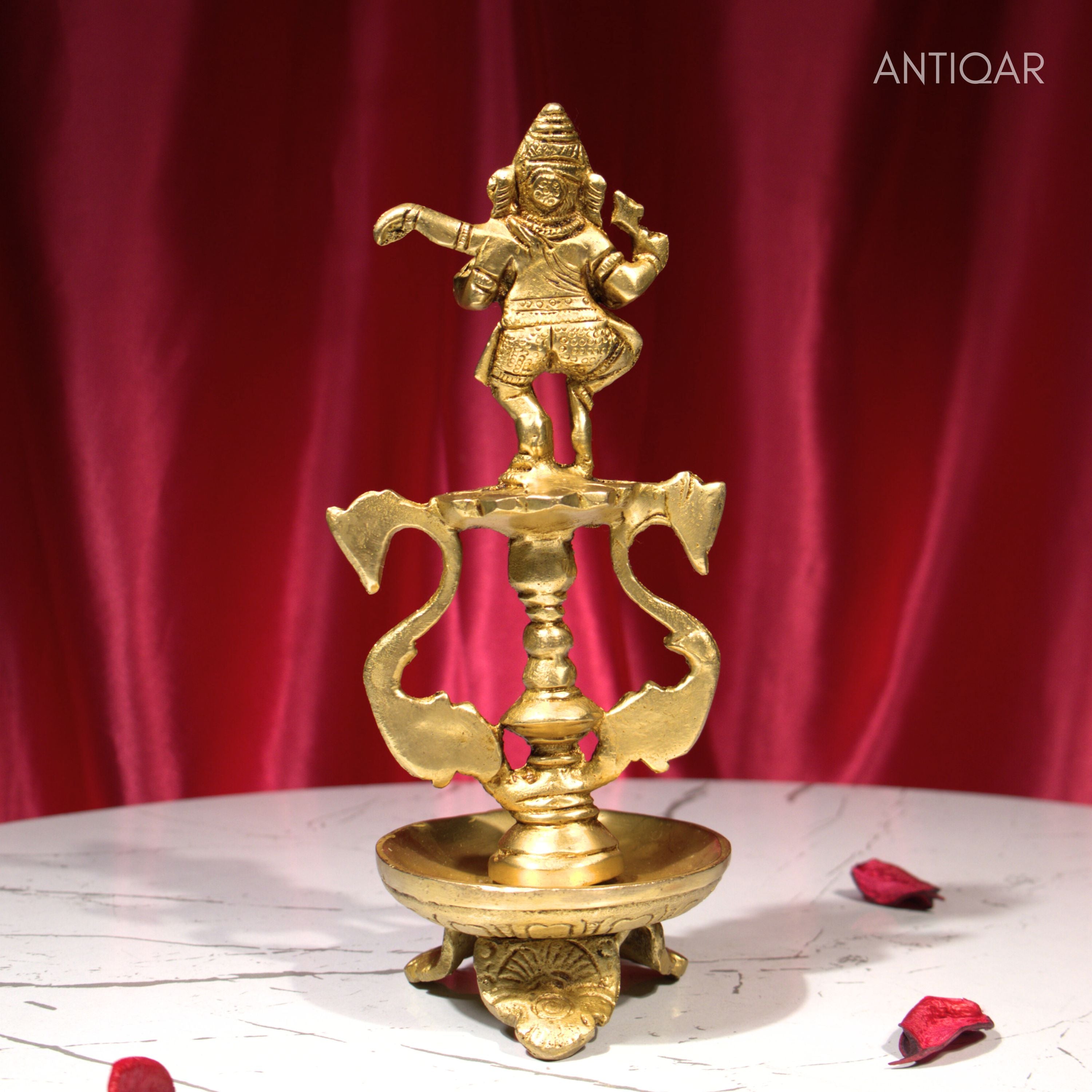 Brass Aarti Diya – 21 cm | Twin Peacock Design with Dancing Ganesha on Top | Antique Golden Finish | Handcrafted for Temple, Home & Religious Decor