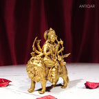 Brass Sherawali Maa Idol - 10cm | Sitting on Lion | Antique Golden Finish | Spiritual Idol for Temple & Home Decor
