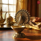 Brass Dancing Peacock on Diya - 7.5cm | Antique Finish | Spritual use for Pooja, Temple & Festival Decor