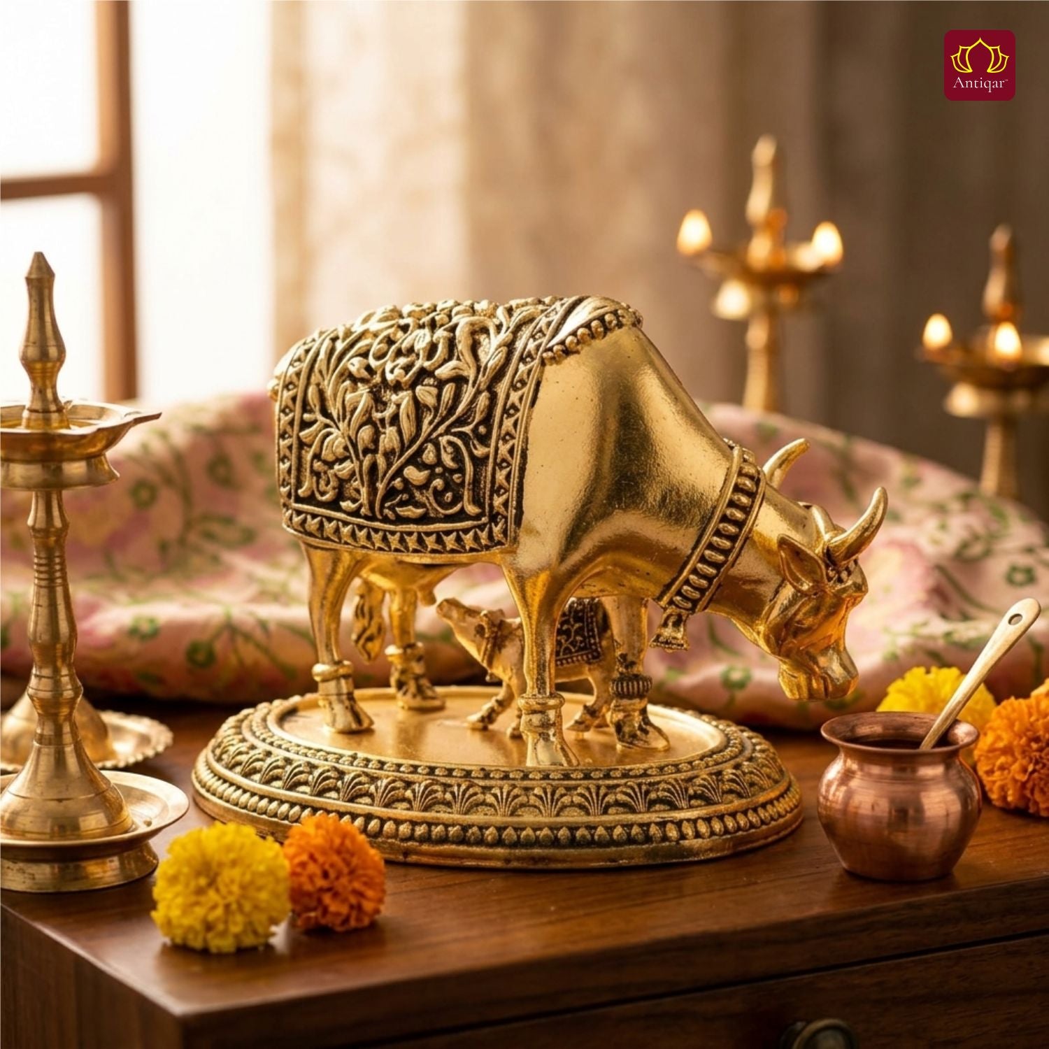 Brass Cow & Calf Figurine with Base -7cm | Golden Finish | Spritual use for Home, Temple & Dashboard Decor