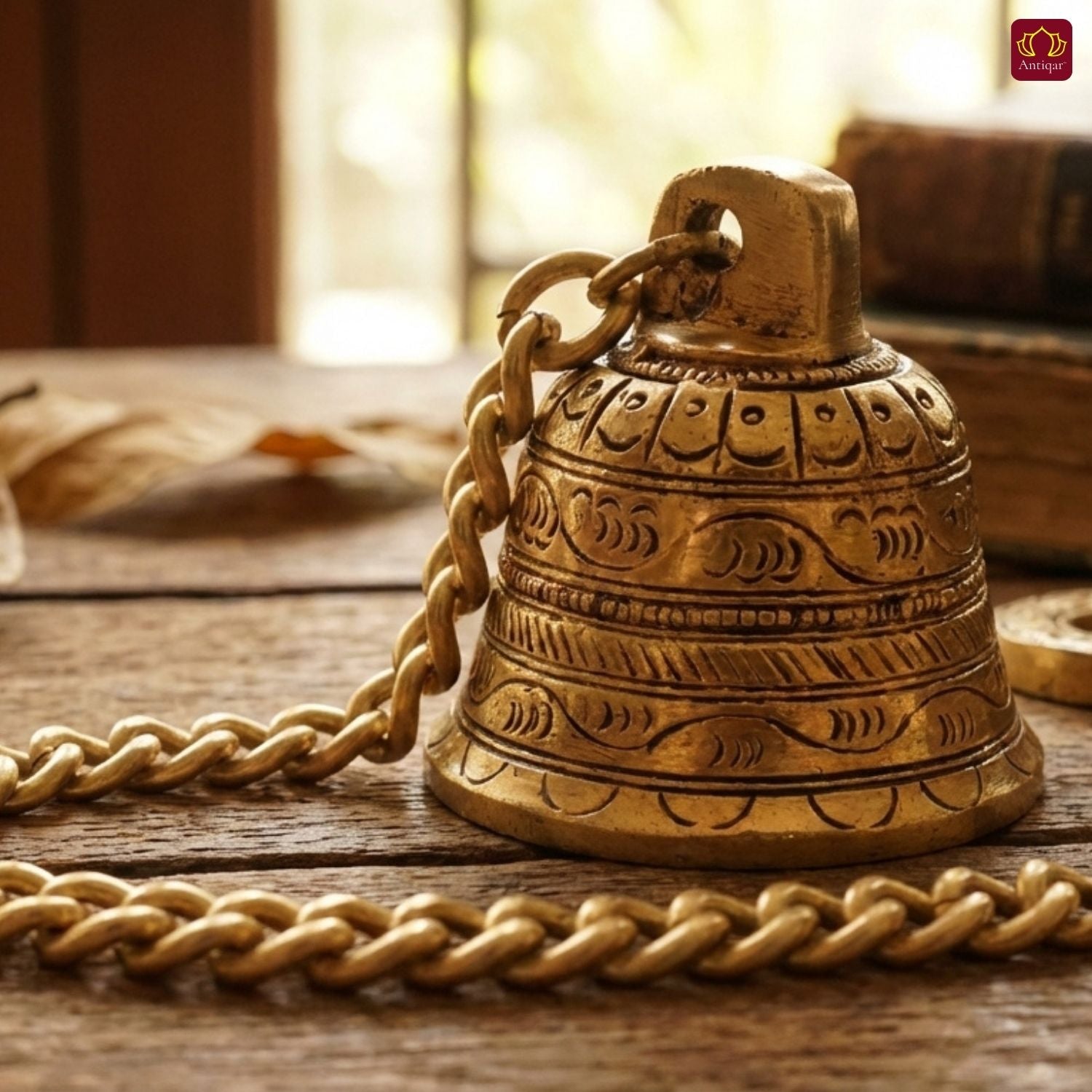 Designer Brass Bell with Kunda Chain – 6 cm | Antique Golden Finish | Handcrafted Puja Hanging for Temple, Home & Festival Decor