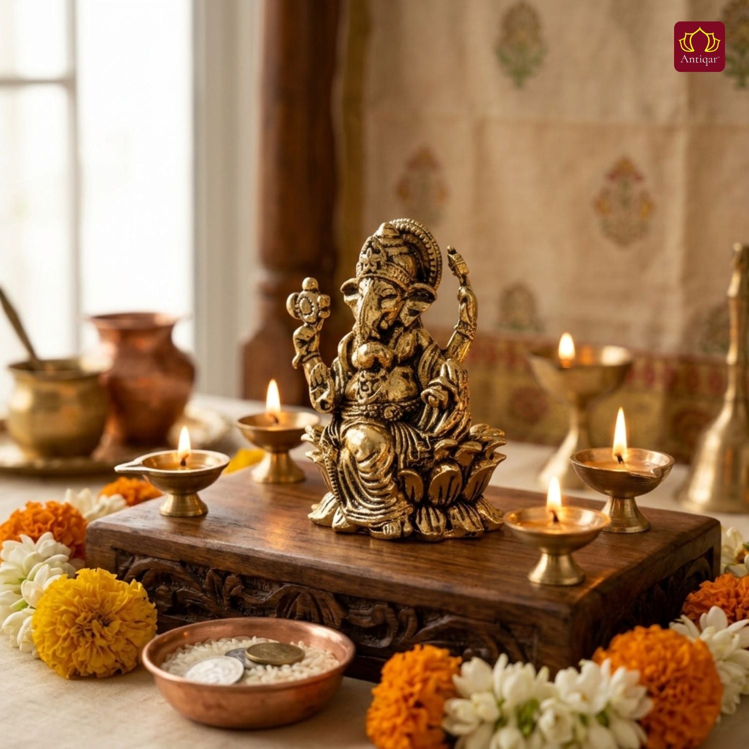 Brass Ganesh JI Idol - 3.5cm | Golden Finish | Spiritual Decor for Temple, Home & Car Dashboard